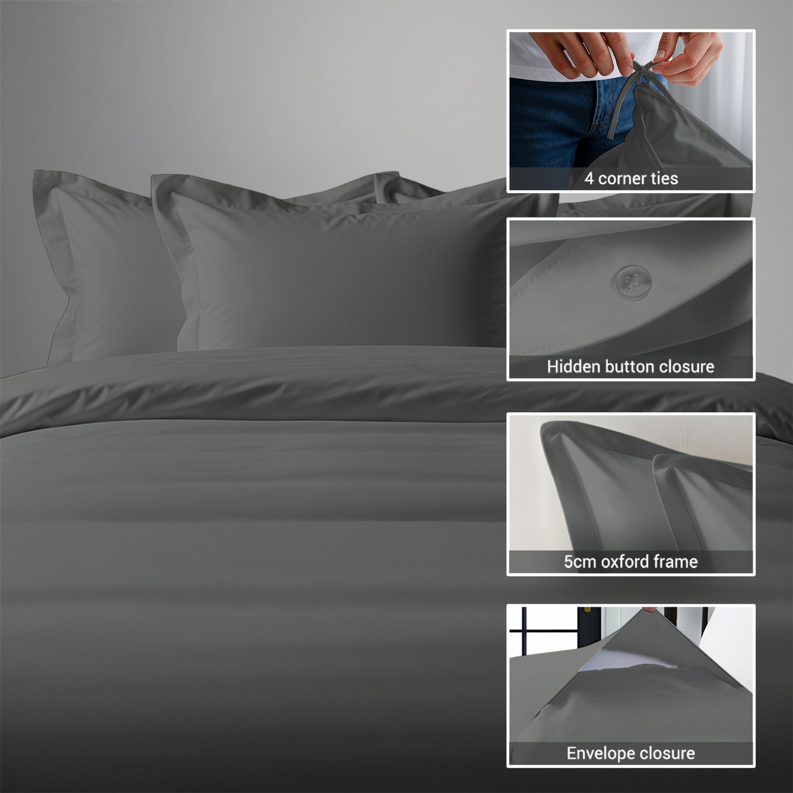 Pizuna Linens super king size cotton duvet cover with hidden button closure corner ties and Oxford pillowcases